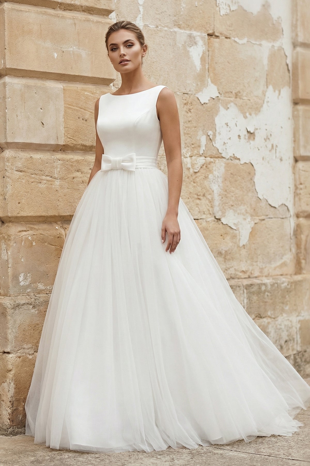Robe de mariée blanche en tulle sans manches avec nœud - Harana