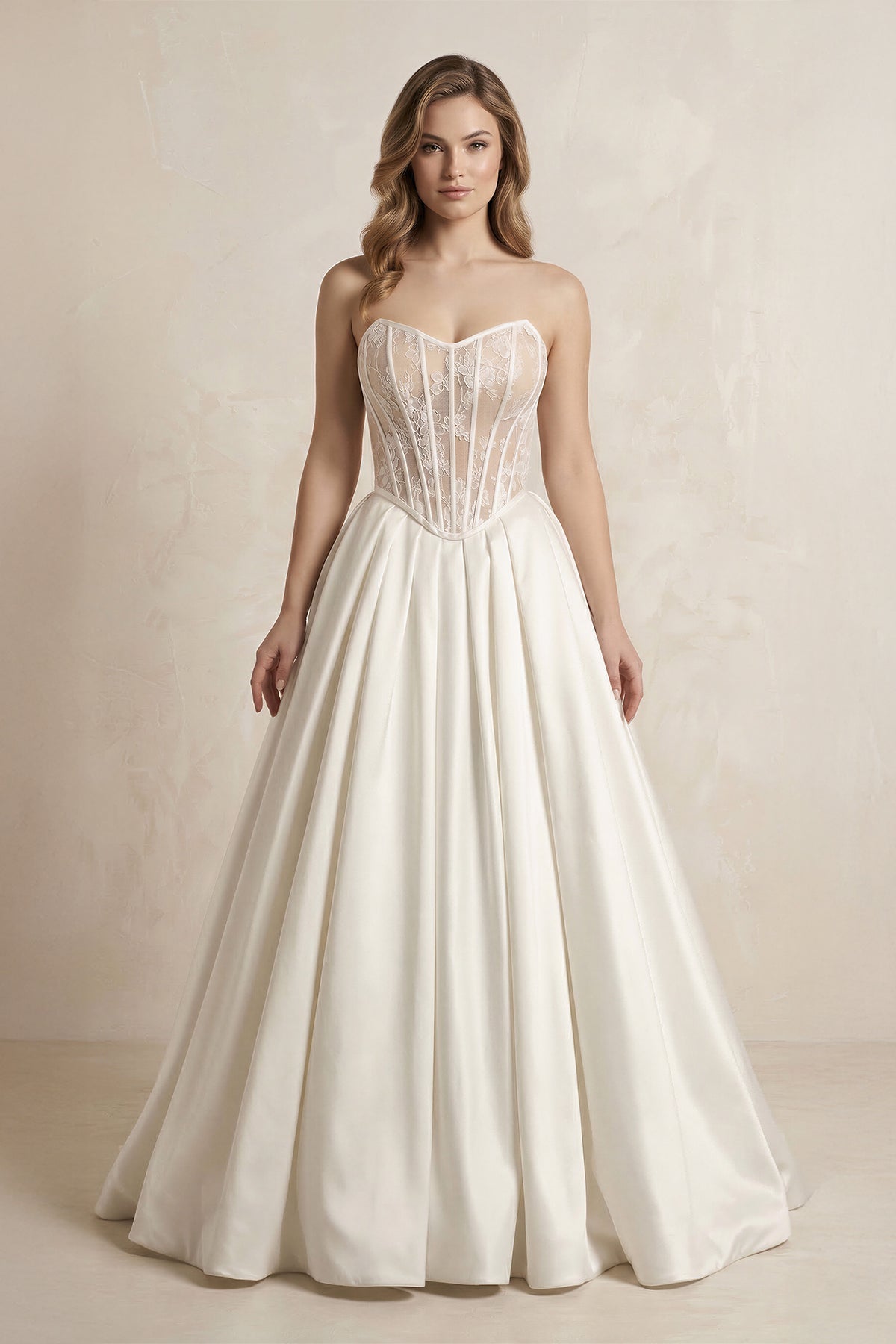 Robe de mariée ivoire longue sans manches à dentelle satinée - Harana