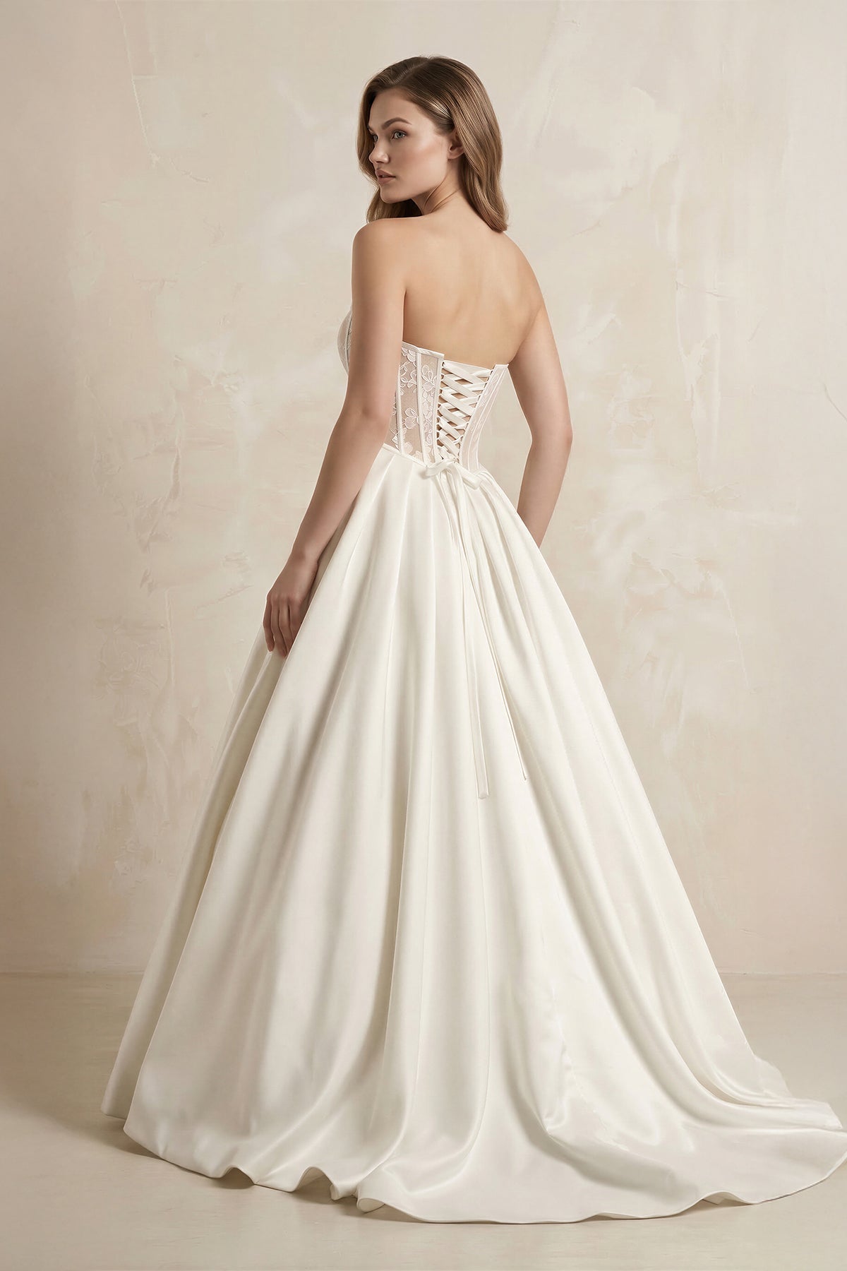 Robe de mariée ivoire longue sans manches à dentelle satinée - Harana