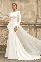 Robe de mariée blanche satinée coupe sirène à encolure bateau et manches longues - Harana