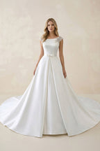 Robe de mariée blanche trapèze en satin sans manches - Harana