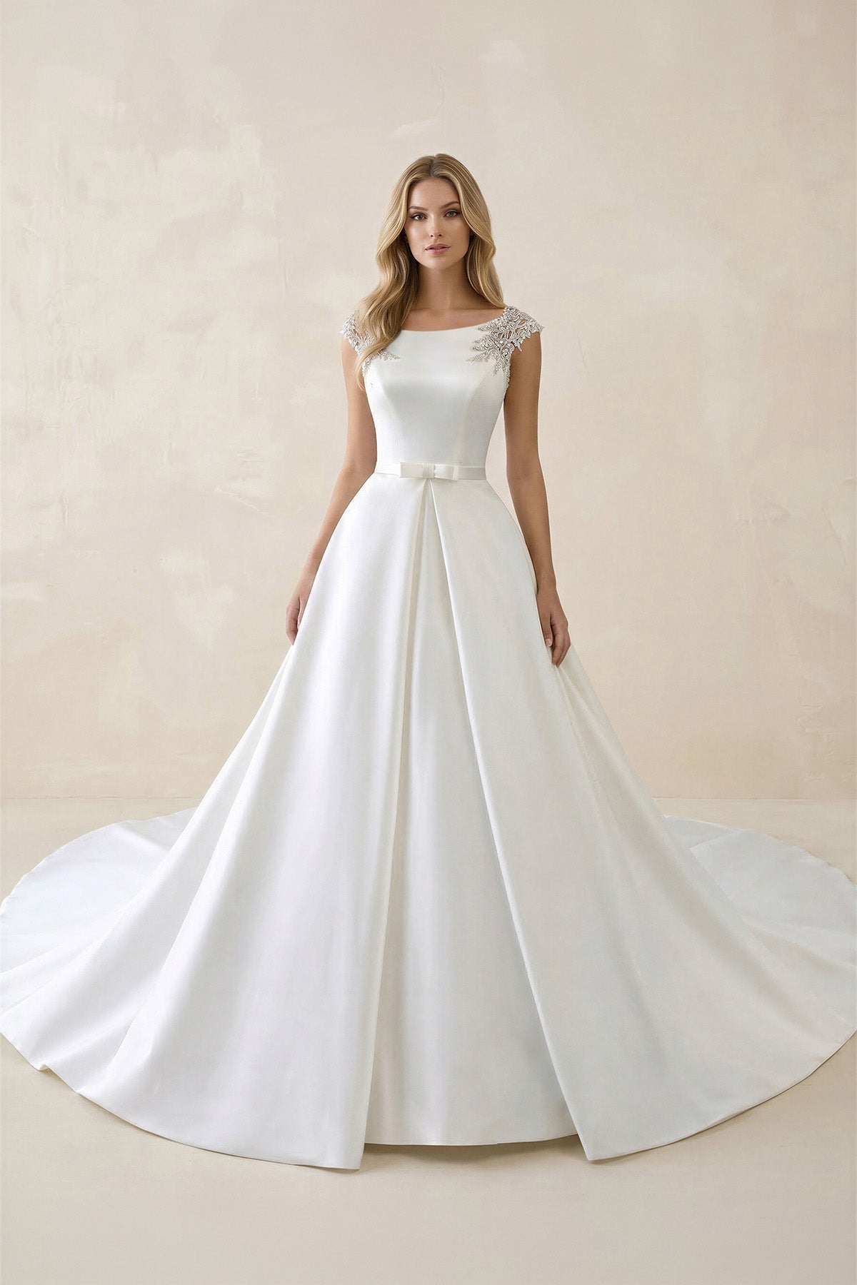 Robe de mariée blanche trapèze en satin sans manches - Harana