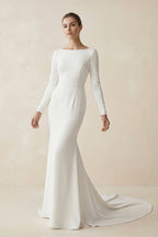Robe de mariée blanche coupe sirène à encolure bateau et manches longues - Harana