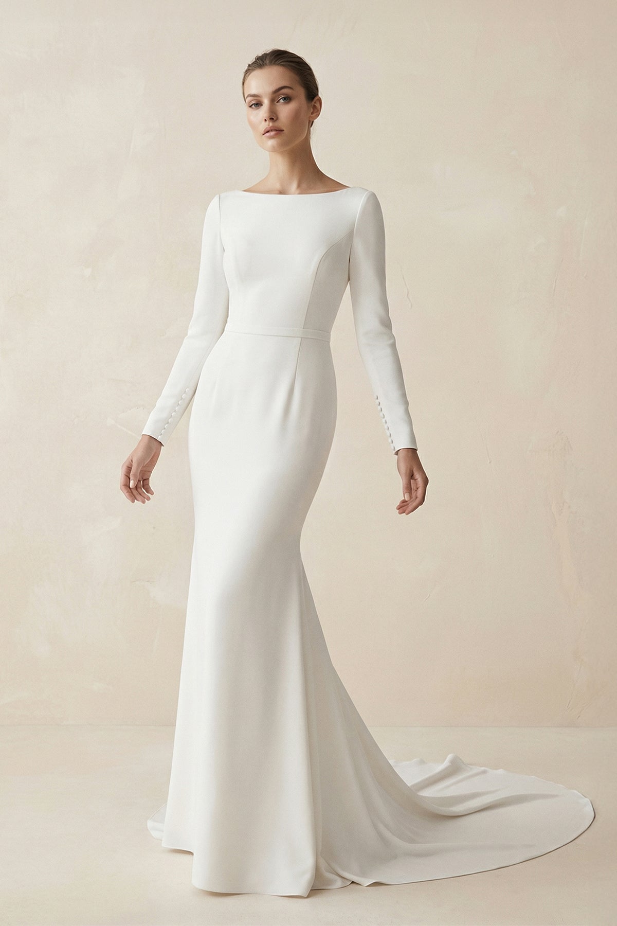 Robe de mariée blanche coupe sirène à encolure bateau et manches longues - Harana
