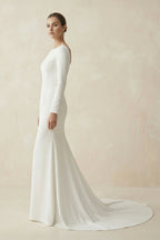 Robe de mariée blanche coupe sirène à encolure bateau et manches longues - Harana