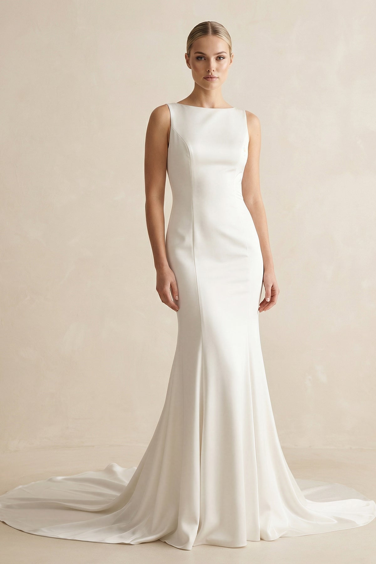 Robe de mariée blanche satinée coupe sirène à encolure bateau avec nœud - Harana