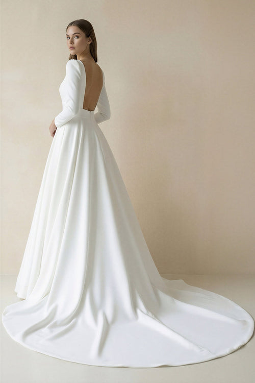 Robe de mariée blanc longue manches longues froncée effet drapé - Harana