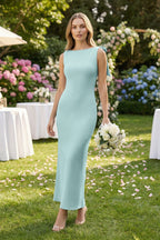 Robe demoiselle d’honneur bleached aqua longue sans manches avec nœud satinée - Harana