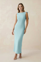 Robe demoiselle d’honneur bleached aqua longue sans manches avec nœud satinée - Harana