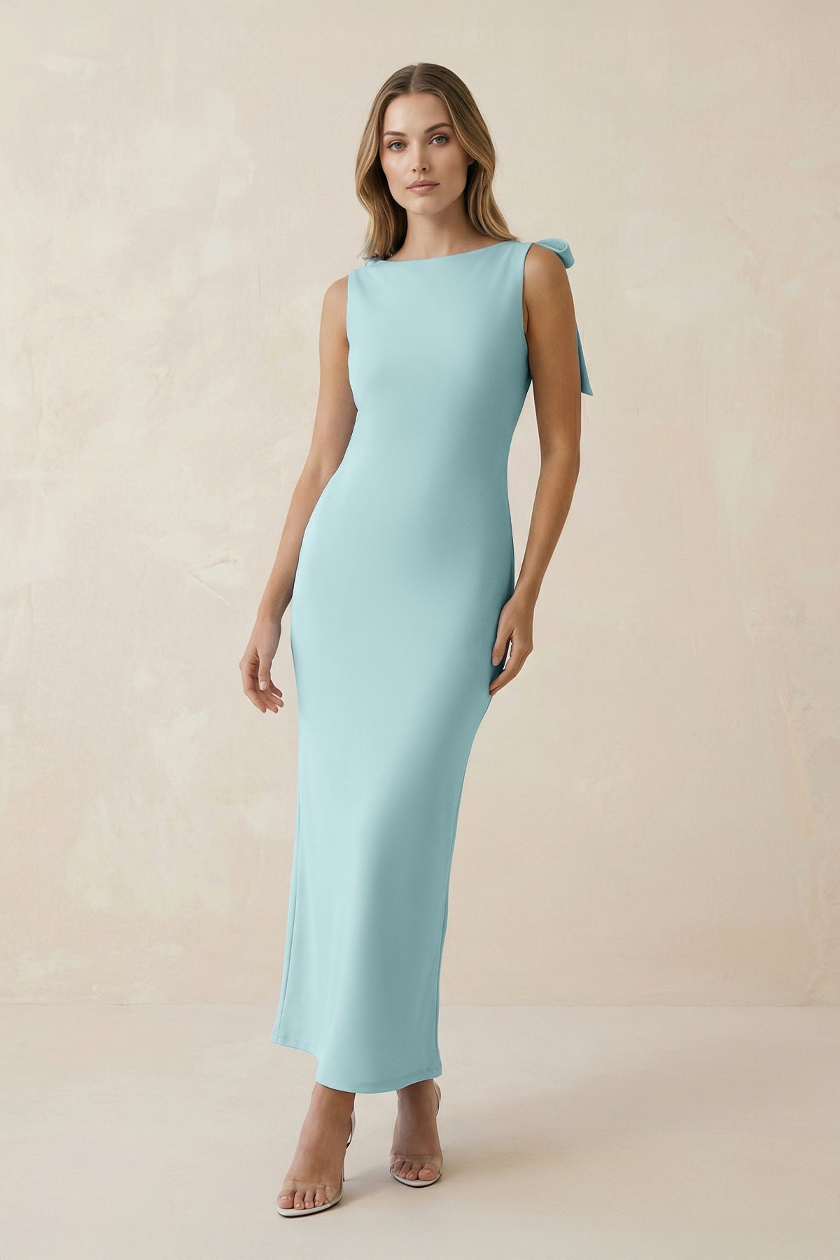 Robe demoiselle d’honneur bleached aqua longue sans manches avec nœud satinée - Harana