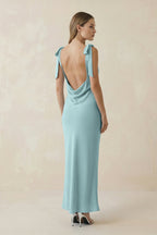 Robe demoiselle d’honneur bleached aqua longue sans manches avec nœud satinée - Harana