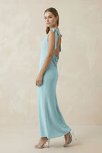 Robe demoiselle d’honneur bleached aqua longue sans manches avec nœud satinée - Harana