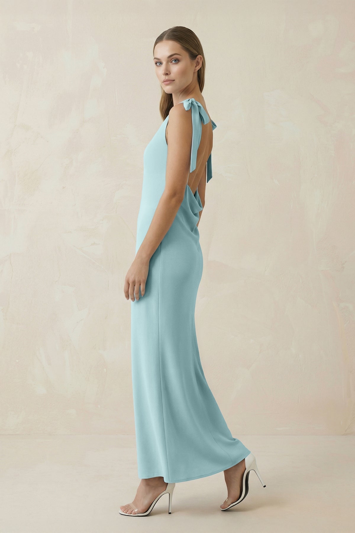Robe demoiselle d’honneur bleached aqua longue sans manches avec nœud satinée - Harana