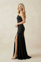 Robe longue noir satinée coupe sirène bustier perlée - Harana