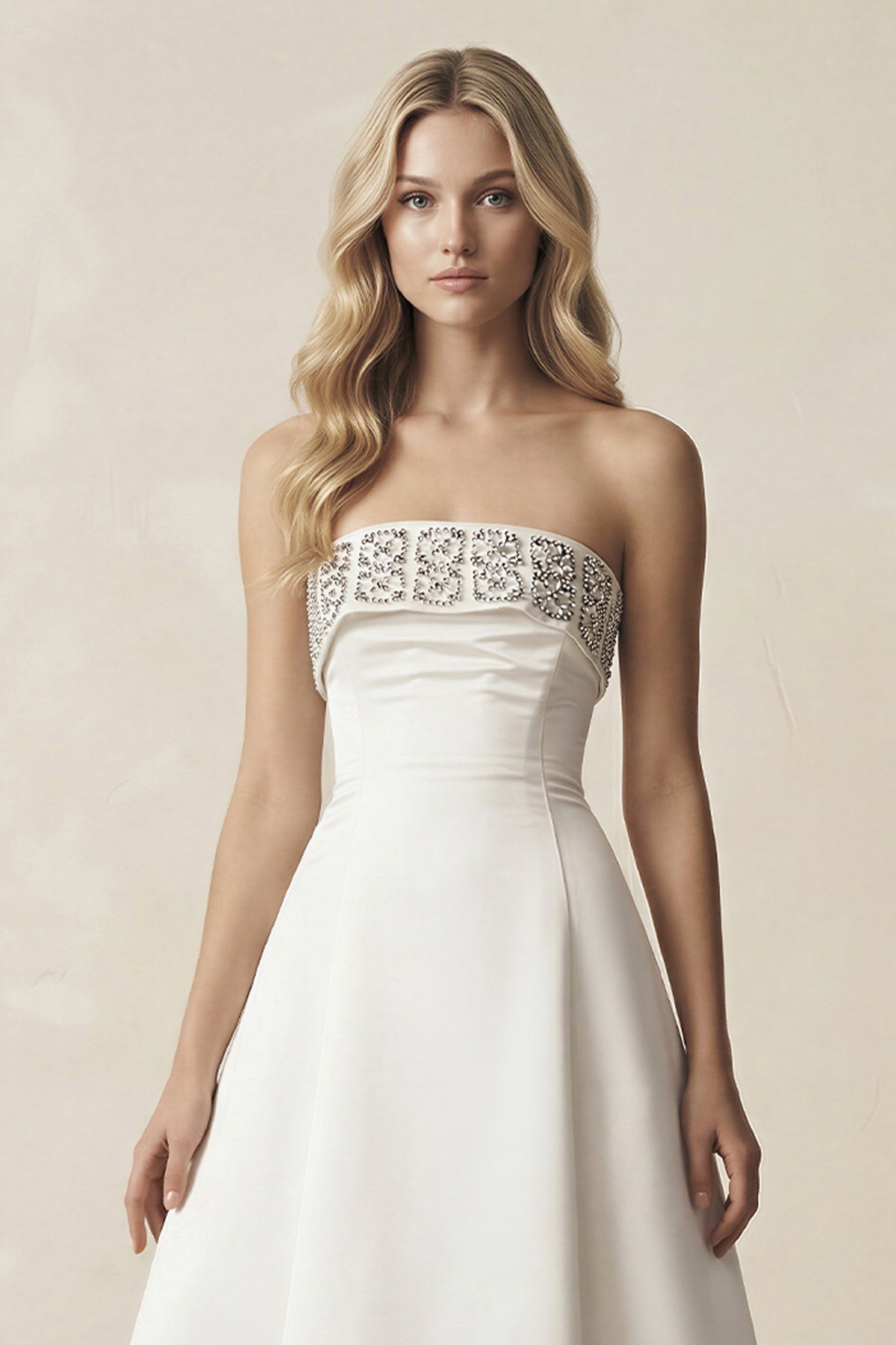 Robe de mariée blanche trapèze en satin bustier sans manches - Harana