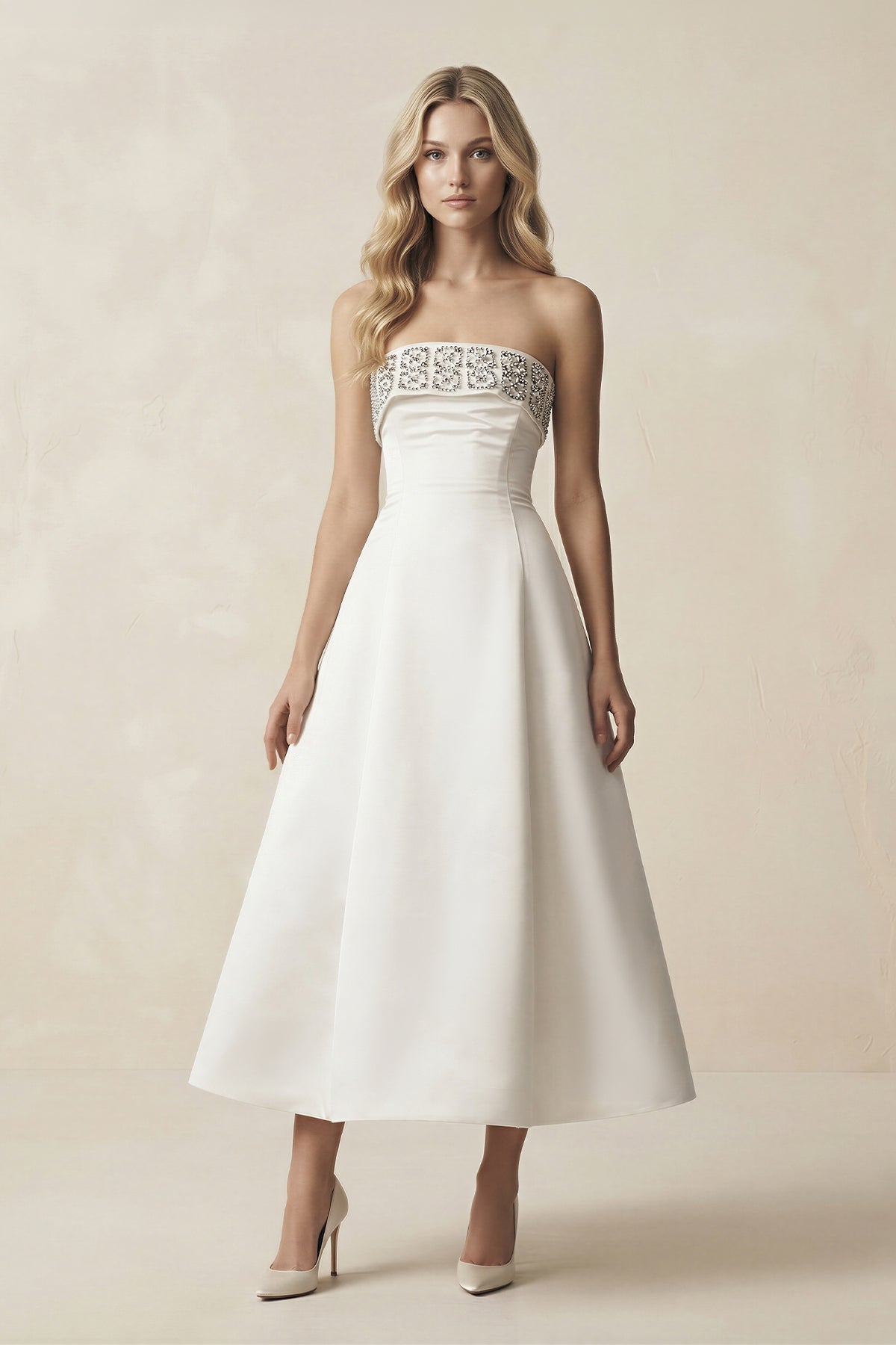 Robe de mariée blanche trapèze en satin bustier sans manches - Harana