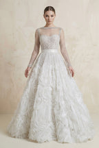 Robe de mariée blanc longue manches longues en tulle fleurie - Harana