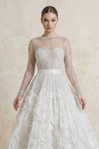 Robe de mariée blanc longue manches longues en tulle fleurie - Harana