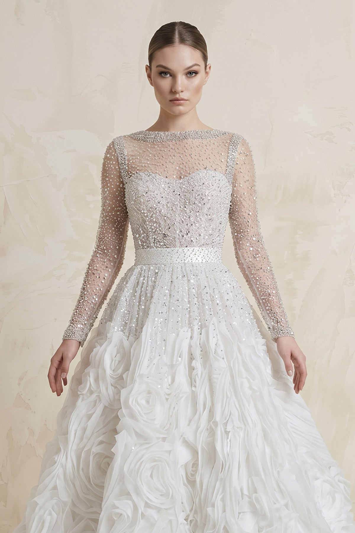 Robe de mariée blanc longue manches longues en tulle fleurie - Harana