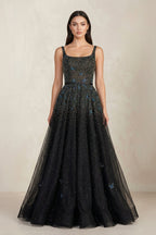 Robe de mariée noire trapèze en tulle sans manches perlée - Harana