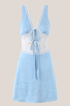 Robe bleue courte en dentelle et coton coupe fourreau à col V - Harana