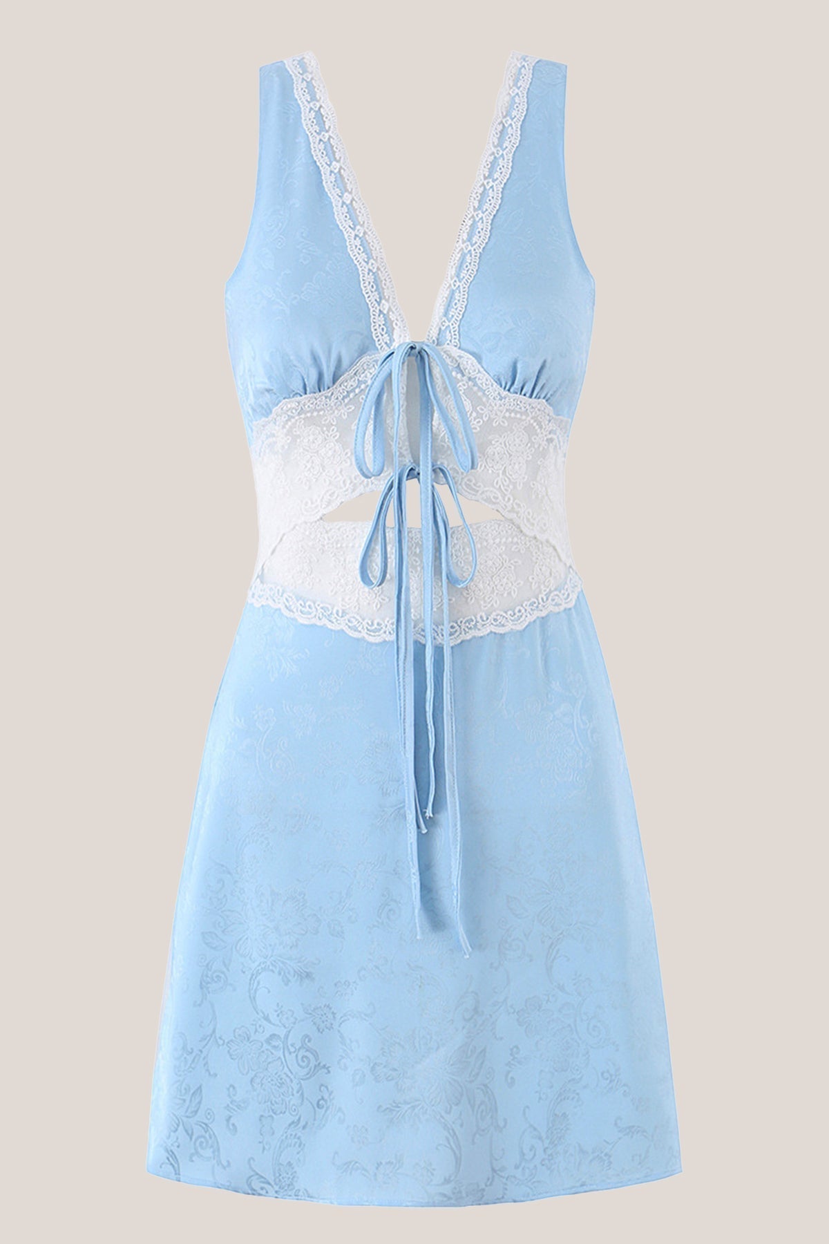 Robe bleue courte en dentelle et coton coupe fourreau à col V - Harana