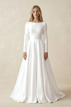 Robe de mariée blanche trapèze en satin manches longues - Harana