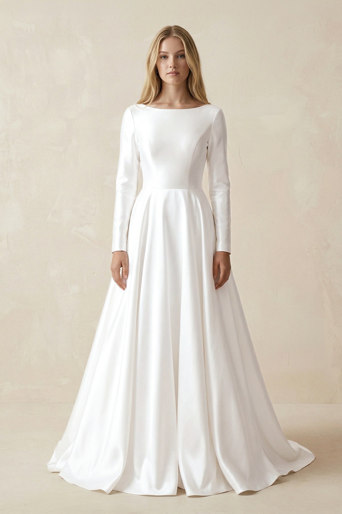 Robe de mariée blanche trapèze en satin manches longues - Harana
