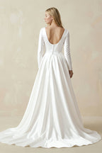 Robe de mariée blanche trapèze en satin manches longues - Harana