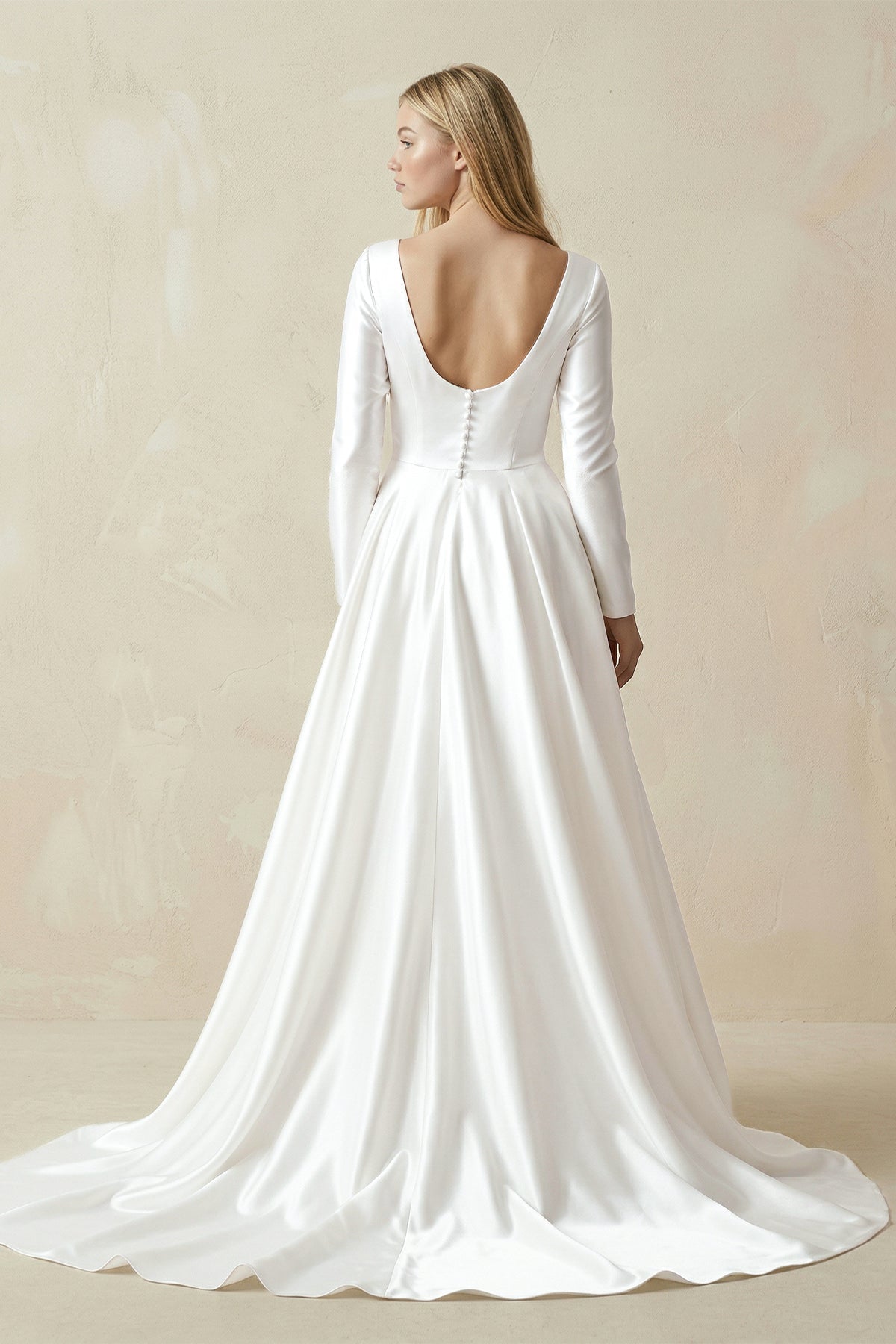 Robe de mariée blanche trapèze en satin manches longues - Harana