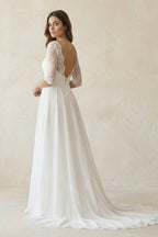 Robe de mariée ivoire trapèze en mousseline manches courtes effet illusion - Harana