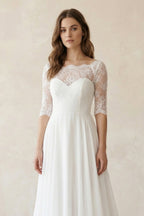 Robe de mariée ivoire trapèze en mousseline manches courtes effet illusion - Harana