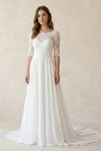 Robe de mariée ivoire trapèze en mousseline manches courtes effet illusion - Harana