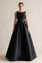 Robe de mariée noire trapèze en satin sans manches avec nœud - Harana