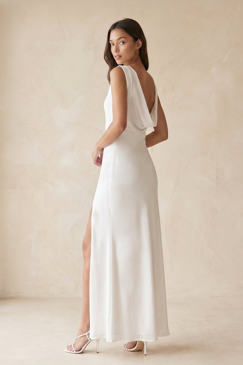 Robe blanche midi coupe fourreau à encolure bateau avec fente - Harana