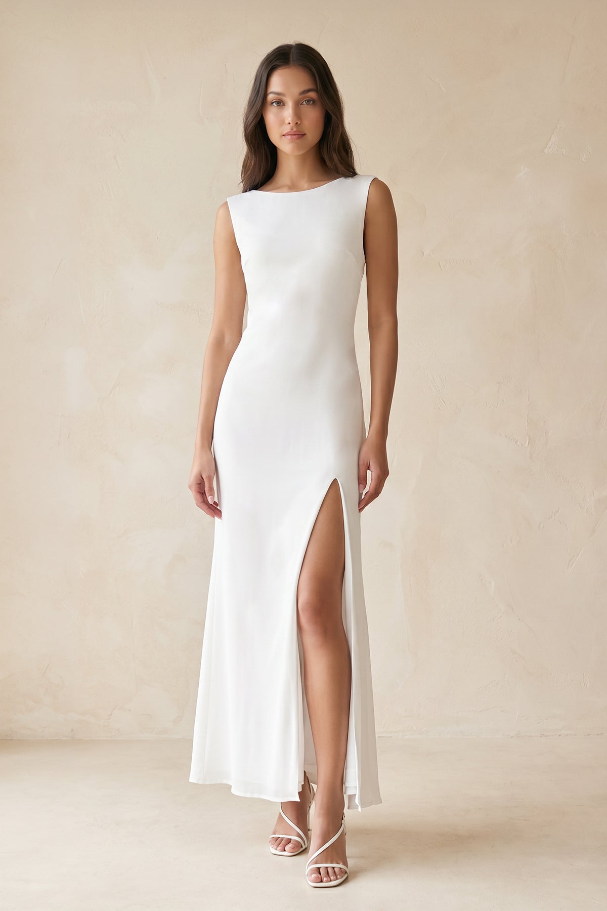 Robe blanche midi coupe fourreau à encolure bateau avec fente - Harana