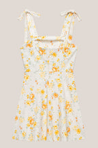 Robe jaune courte en coton coupe trapèze imprimée avec nœud - Harana