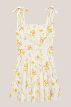 Robe jaune courte en coton coupe trapèze imprimée avec nœud - Harana