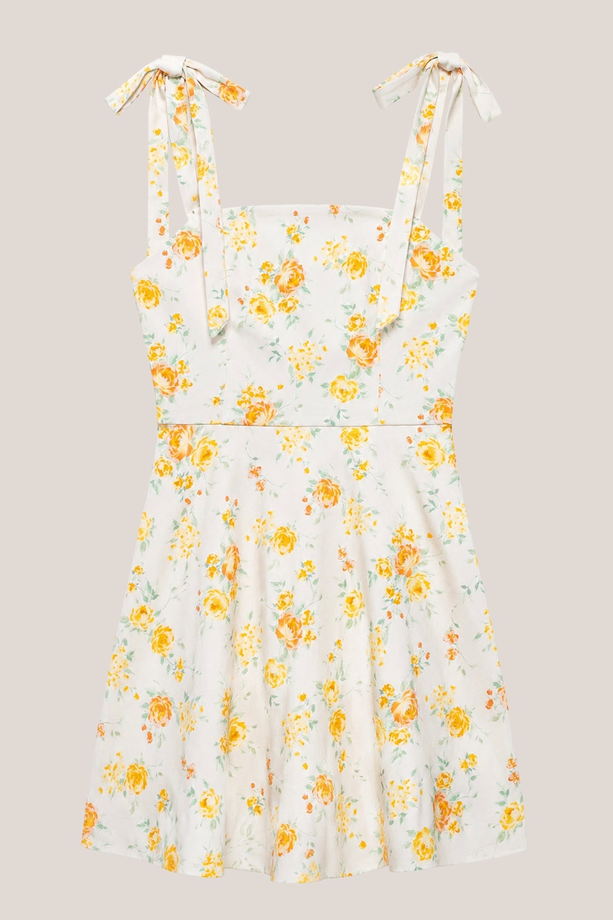 Robe jaune courte en coton coupe trapèze imprimée avec nœud - Harana