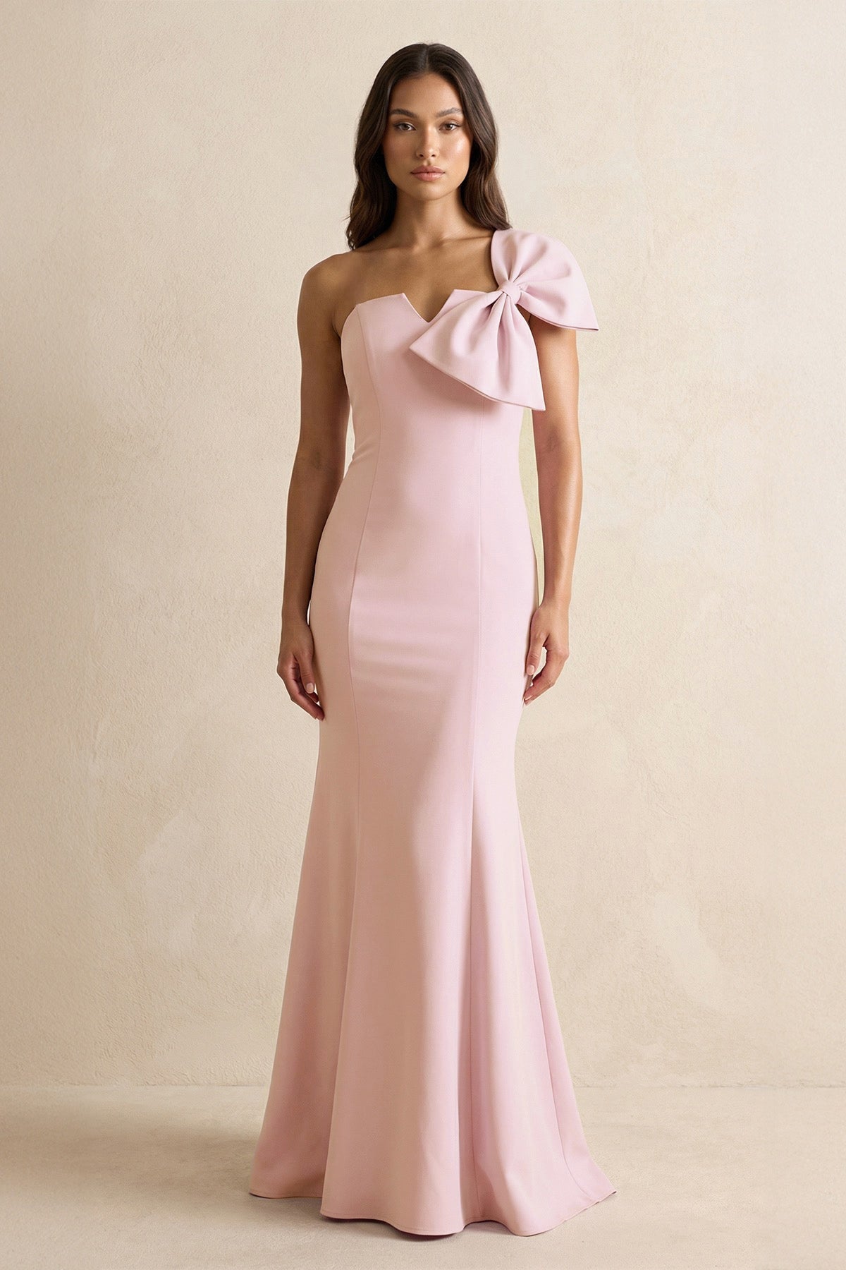 Robe demoiselle d’honneur rose petal longue asymétrique sans manches avec nœud - Harana