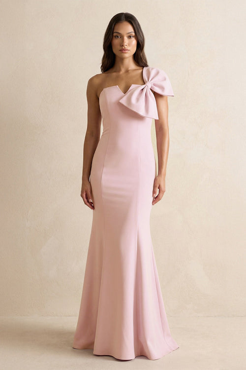 Robe de demoiselle d’honneur rose pétale longue coupe sirène à une épaule avec nœud - Harana