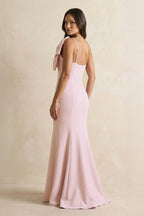 Robe demoiselle d’honneur rose petal longue asymétrique sans manches avec nœud - Harana