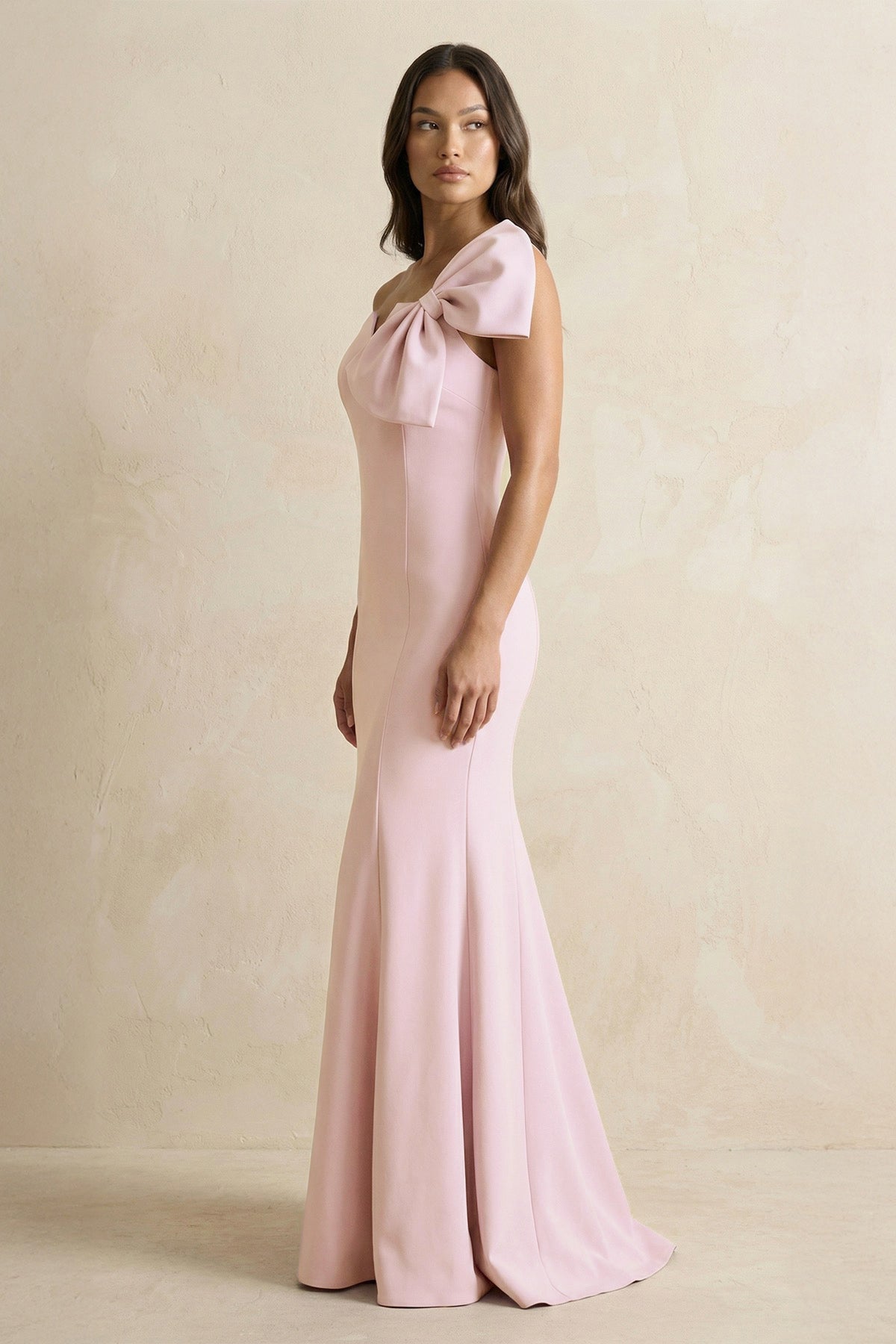 Robe demoiselle d’honneur rose petal longue asymétrique sans manches avec nœud - Harana