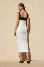 Robe midi black & white satinée avec nœud - Harana