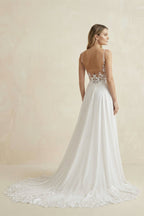 Robe de mariée blanche trapèze en mousseline sans manches à appliqués - Harana