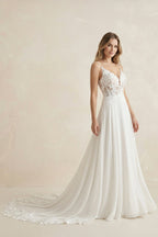 Robe de mariée blanche trapèze en mousseline sans manches à appliqués - Harana