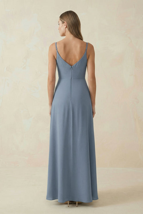 Robe de demoiselle d’honneur bleu neptune longue en mousseline silhouette trapèze à fines bretelles - Harana