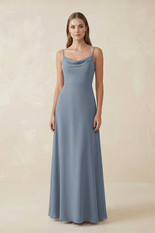 Robe de demoiselle d’honneur bleu neptune longue en mousseline silhouette trapèze à fines bretelles - Harana