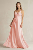 Robe demoiselle d’honneur rose petal longue à fines bretelles sans manches plissée - Harana