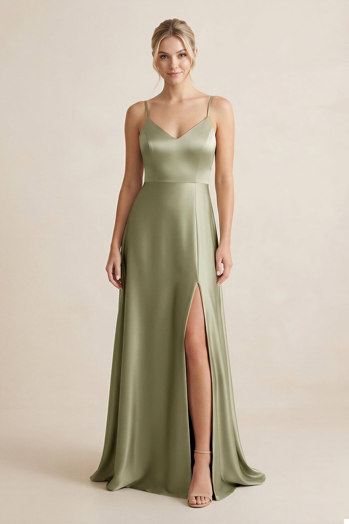 Robe demoiselle d’honneur vert sauge longue à fines bretelles sans manches avec fente - Harana